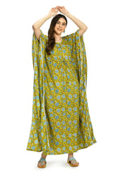 Mometernity Floral Cotton Block Print Maternity and Nursing Full Length Kaftan - Yellow