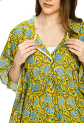 Mometernity Floral Cotton Block Print Maternity and Nursing Full Length Kaftan - Yellow