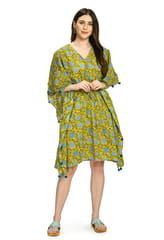 Mometernity Floral Cotton Block Print Maternity and Nursing Short Kaftan - Yellow