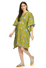 Mometernity Floral Cotton Block Print Maternity and Nursing Short Kaftan - Yellow