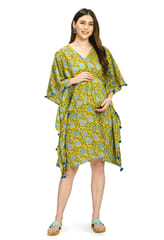 Mometernity Floral Cotton Block Print Maternity and Nursing Short Kaftan - Yellow