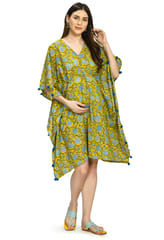 Mometernity Floral Cotton Block Print Maternity and Nursing Short Kaftan - Yellow