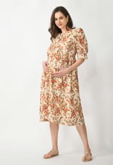 Mometernity Schiffli Floral Print Maternity and Nursing Midi Dress - White