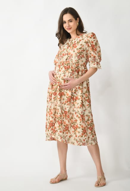 Mometernity Schiffli Floral Print Maternity and Nursing Midi Dress - White
