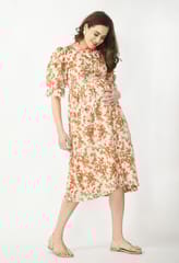 Mometernity Schiffli Floral Print Maternity and Nursing Midi Dress - White