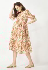 Mometernity Schiffli Floral Print Maternity and Nursing Midi Dress - White