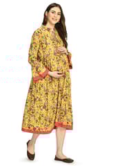 Mometernity Floral Print Maternity and Nursing Kurta Dress - Yellow