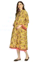 Mometernity Floral Print Maternity and Nursing Kurta Dress - Yellow