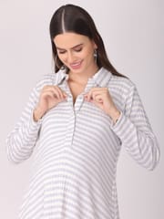 The Mom Store Ribbed Stripes A line Maternity and Nursing Dress