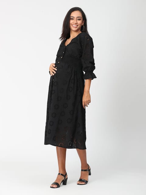 The Mom Store Moonless Nights Schiffli Maternity and Nursing Dress
