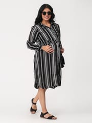 The Mom Store Black and Grey Stripe Maternity and Nursing Dress