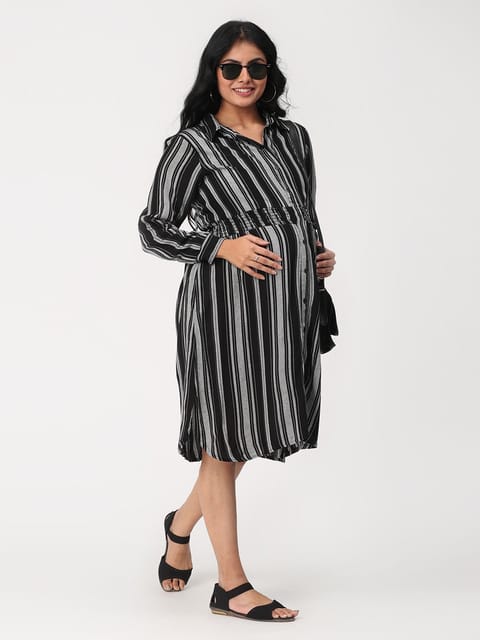 The Mom Store Black and Grey Stripe Maternity and Nursing Dress