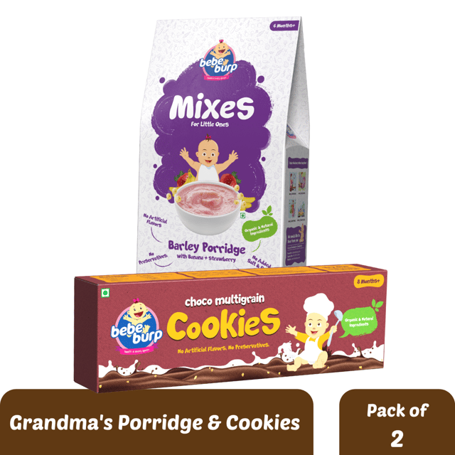 Bebe Burp Organic Baby Food Instant Mix Porridge, Cookies Combo Pack Of 2 - 200 Gm and 150 Gm Each (BARLEY MIX AND CHOCO MULTIGRAIN COOKIES WITH REAL FRUITS & VEGGIES)