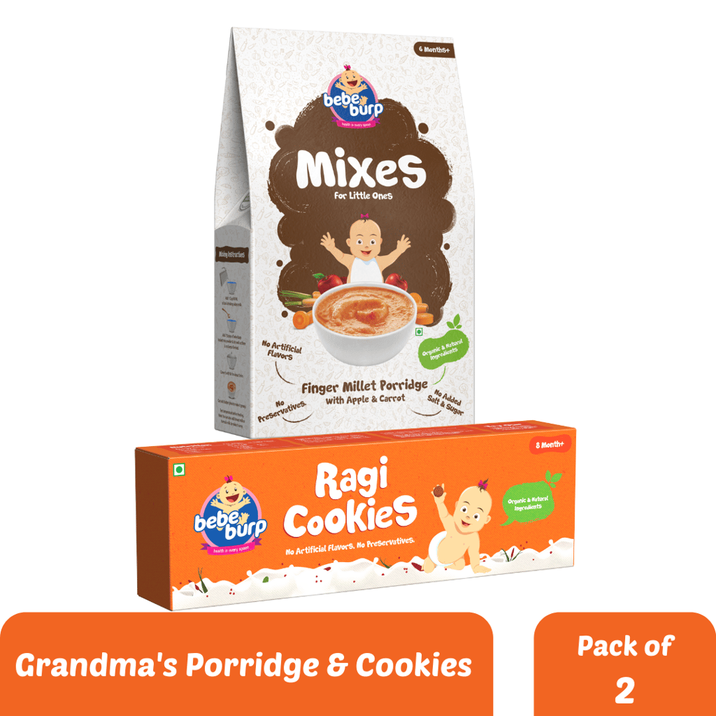 Bebe Burp Organic Baby Food Instant Mix Porridge, Cookies Combo Pack Of 2 - 200 Gm and 150 Gm Each (FINGER MILLET MIX AND RAGI COOKIES WITH REAL FRUITS & VEGGIES)