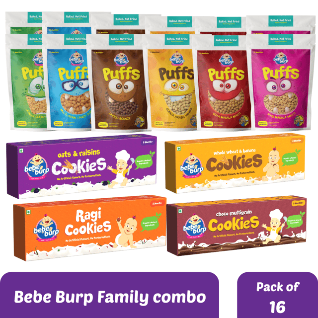 Bebe Burp Organic Family Combo(4 Cookie(150gm each)s+12 Healthy Puff(35gm each))-Pack of 16