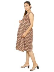 Moms Ever Maternity and Nursing Pre and Post Pregnancy Katha Print Pure Cotton Dress - Green