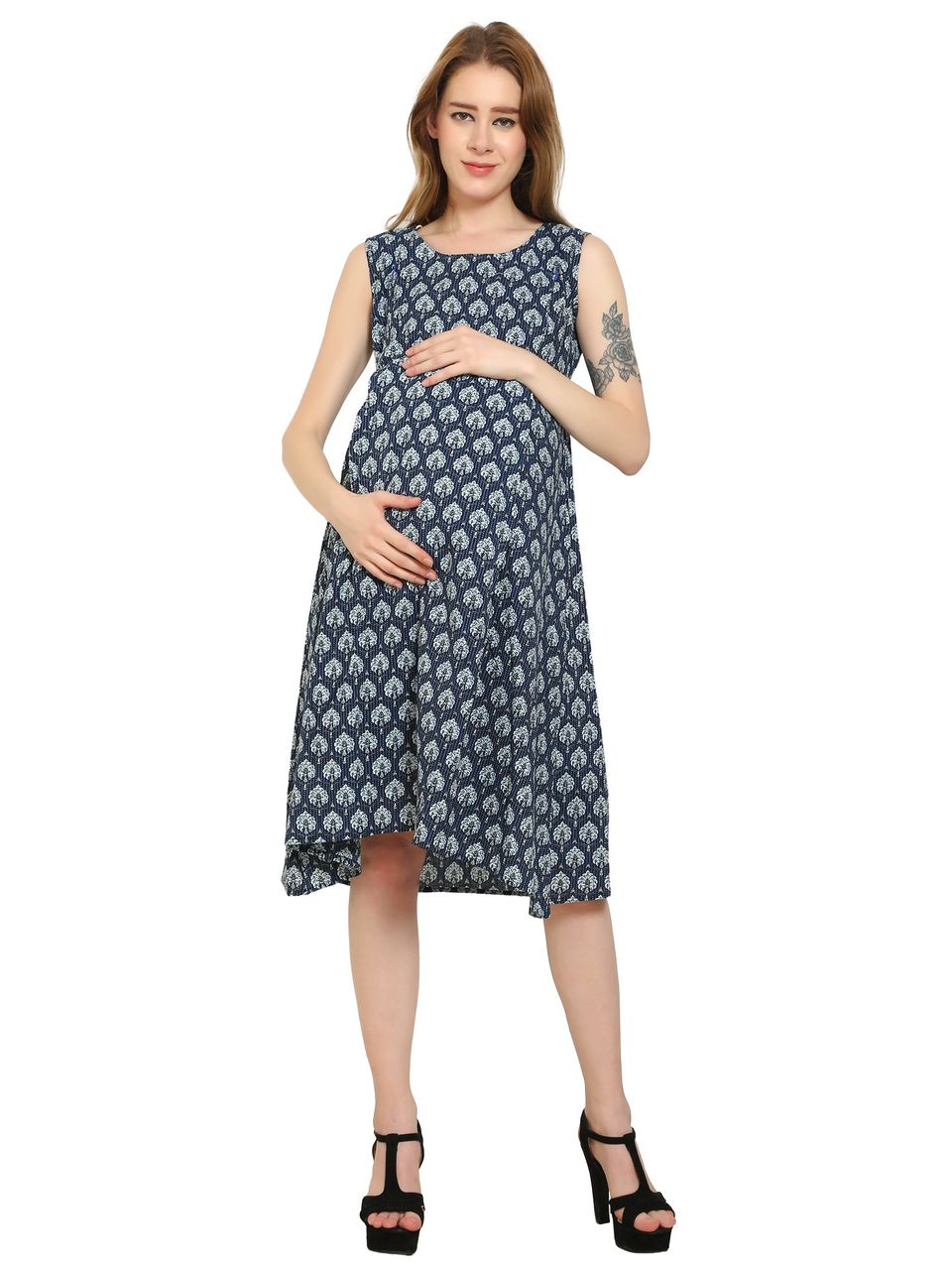 Moms Ever Maternity and Nursing Pre and Post Pregnancy Katha Print Pure Cotton Dress - Indigo