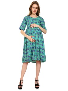 Moms Ever Maternity and Nursing Pre and Post Pregnancy Pure Cotton Printed Dress - Blue