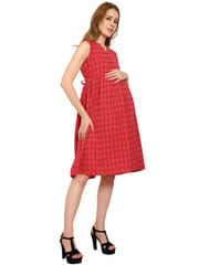 Moms Ever Maternity and Nursing Pre and Post Pregnancy Katha Print Pure Cotton Dress - Red