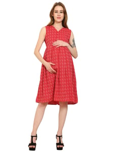 Moms Ever Maternity and Nursing Pre and Post Pregnancy Katha Print Pure Cotton Dress - Red
