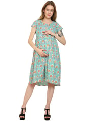 Moms Ever Maternity and Nursing Pre and Post Pregnancy Pure Cotton Fit and Flare Dress - Teal