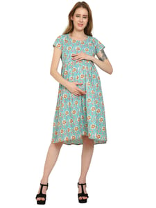 Moms Ever Maternity and Nursing Pre and Post Pregnancy Pure Cotton Fit and Flare Dress - Teal