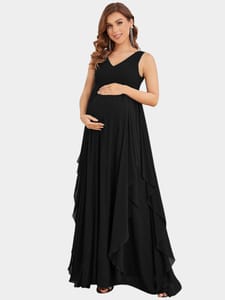 Plum and Peaches V Neck Ruffle Maternity Black Gown