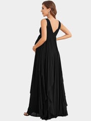 Plum and Peaches V Neck Ruffle Maternity Black Gown