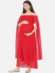 Mine4Nine Women's Maternity Solid Red Color Maxi Baby Shower Dress