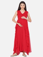 Mine4Nine Women's Maternity Solid Red Color Flared Maxi Baby Shower Dress