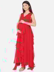 Mine4Nine Women's Maternity Solid Red Color Flared Maxi Baby Shower Dress