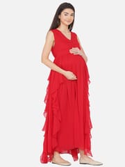 Mine4Nine Women's Maternity Solid Red Color Flared Maxi Baby Shower Dress