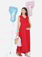 Mine4Nine Women's Maternity Solid Red Color Flared Maxi Baby Shower Dress