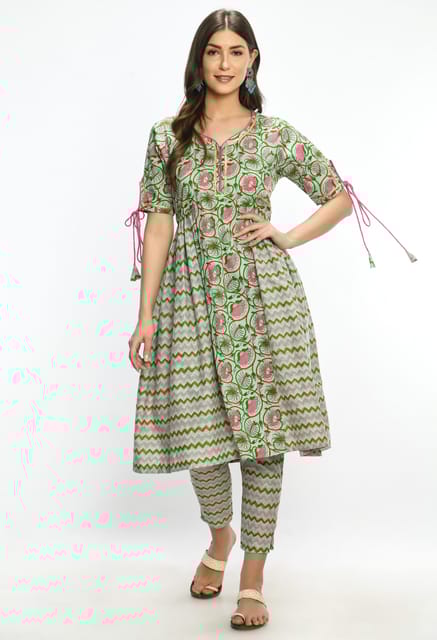 Mometernity Green Floral Zig Zag Maternity and Nursing Kurta Set