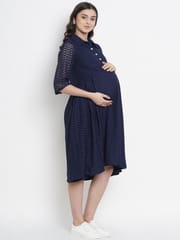 Mine4Nine Women's Navy A-Line Lace Maternity and Nursing Dress