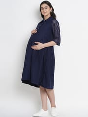Mine4Nine Women's Navy A-Line Lace Maternity and Nursing Dress