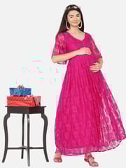 Mine4Nine Women's Maternity Solid Dark Pink Color Maxi Baby Shower Dress