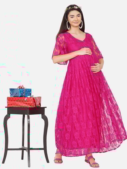 Mine4Nine Women's Maternity Solid Dark Pink Color Maxi Baby Shower Dress