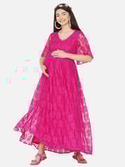 Mine4Nine Women's Maternity Solid Dark Pink Color Maxi Baby Shower Dress