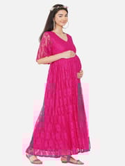 Mine4Nine Women's Maternity Solid Dark Pink Color Maxi Baby Shower Dress