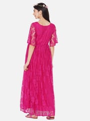 Mine4Nine Women's Maternity Solid Dark Pink Color Maxi Baby Shower Dress