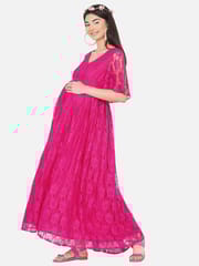 Mine4Nine Women's Maternity Solid Dark Pink Color Maxi Baby Shower Dress