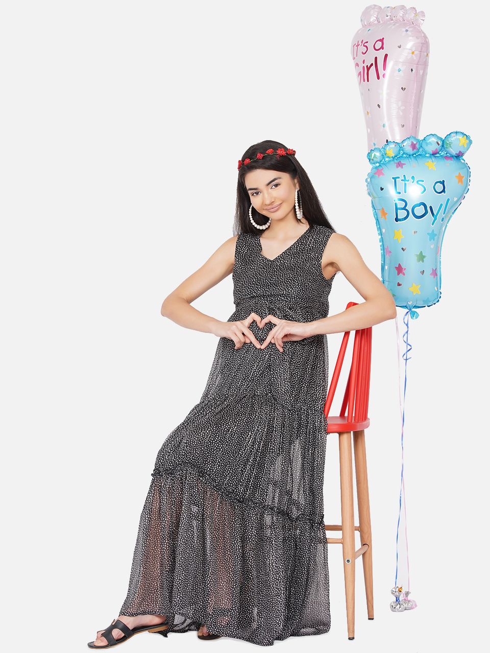 Mine4Nine Women's Maternity Floral Print Solid Black Color Maxi Baby Shower Dress
