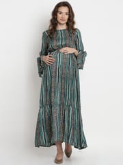 Mine4Nine Women's Green Rayon Maternity and Nursing Maxi Dress