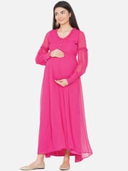 Mine4Nine Women's Maternity Solid Pink Color Maxi Baby Shower Dress
