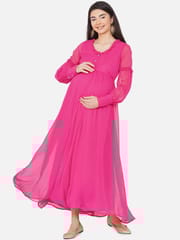 Mine4Nine Women's Maternity Solid Pink Color Maxi Baby Shower Dress