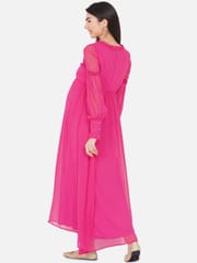 Mine4Nine Women's Maternity Solid Pink Color Maxi Baby Shower Dress
