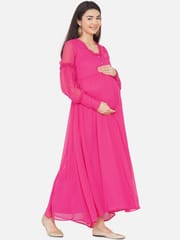Mine4Nine Women's Maternity Solid Pink Color Maxi Baby Shower Dress