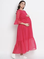 Mine4Nine Women's Pink Maxi Chiffon Maternity and Nursing Dress