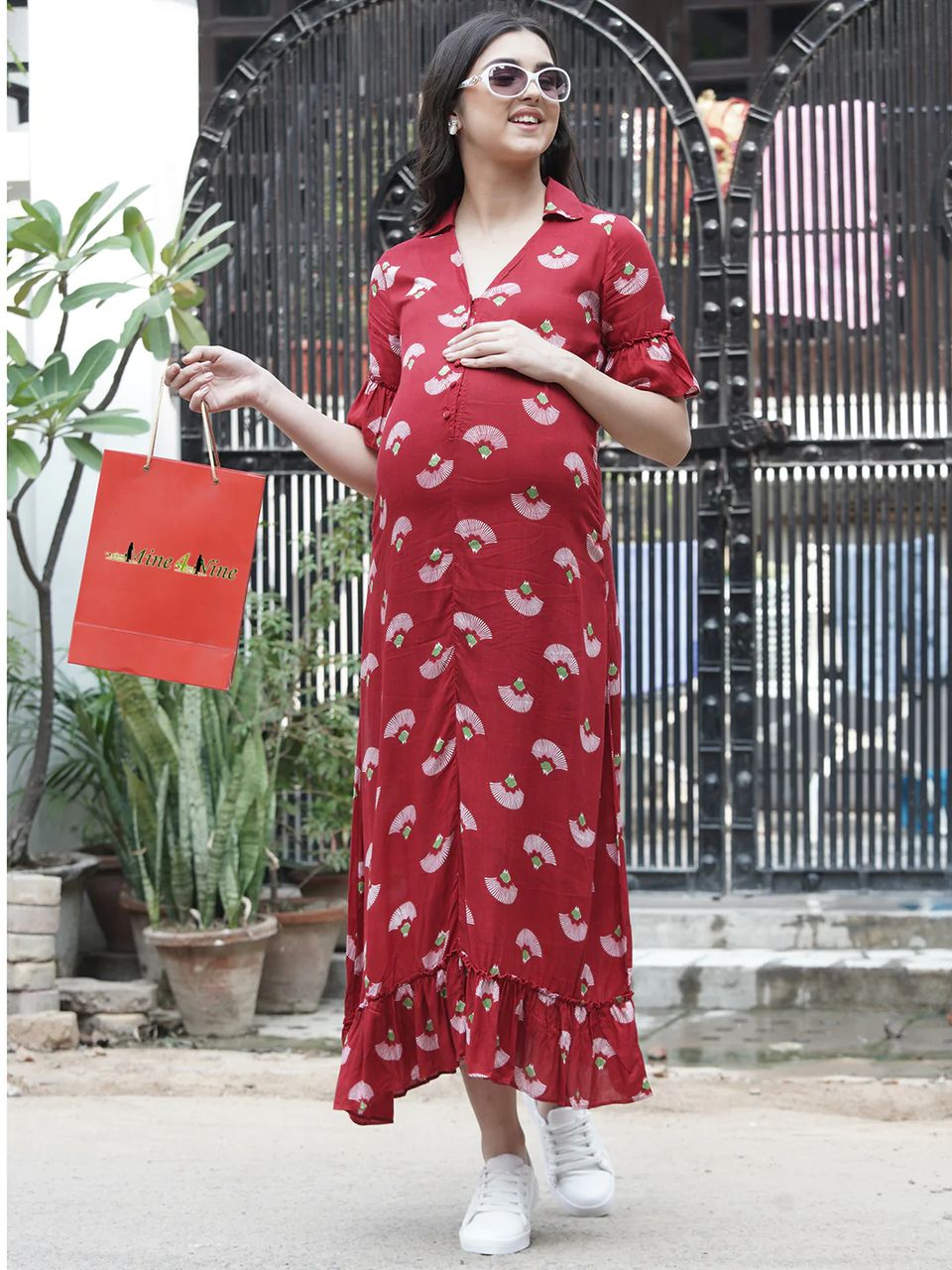 Mine4Nine Women's Red Rayon Casual Maternity and Nursing Shirt Maxi Dress
